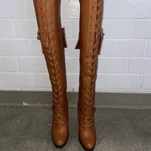 Light Brown Faux Leather Lace Up Knee High Heeled Boots
